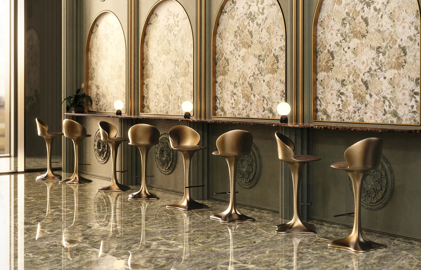 Bar lounge de arquitetura arqueada, com vários bancos bar Flora, com estrutura em acabamento cor latão e assento em couro castanho