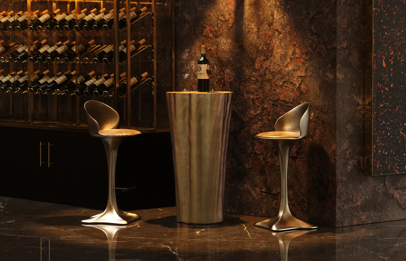 Adega residencial com bancos bar Flora em cor latão e mesa de bar Gaia