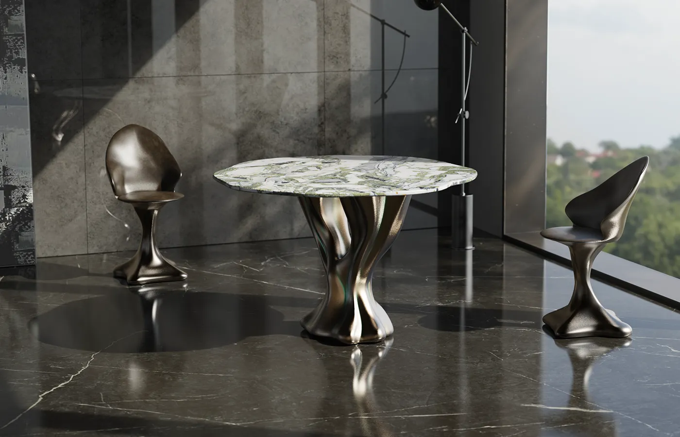 Ambiente de jantar com conjunto de cadeiras Flora em acabamento cor bronze e estofo em tecido cinza com mesa de jantar Athos