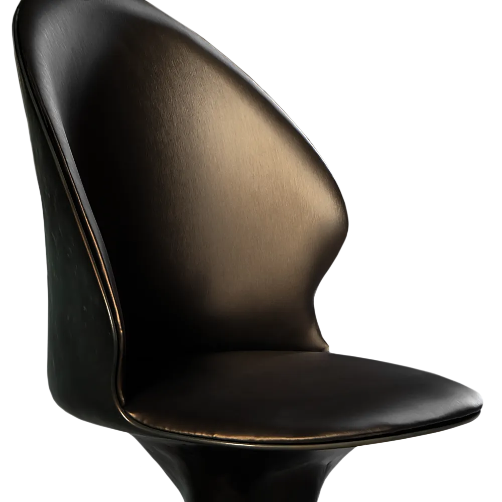 Vista em detalhe da cadeira Flora com destaque para as suas formas esculturais