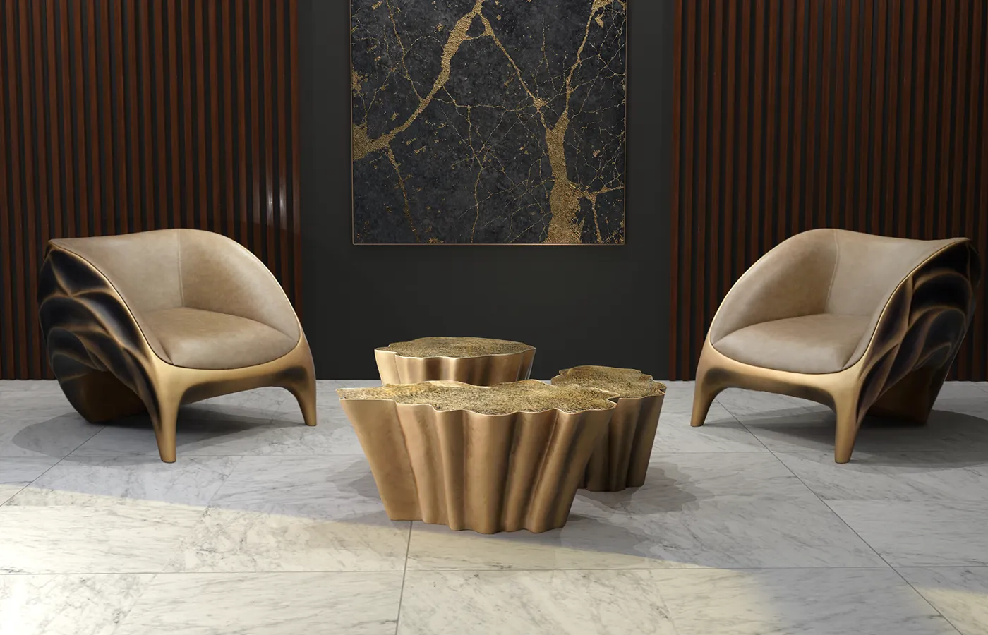 Lounge area with Gaia side tables in textured gold leaf with two Triton armchairs