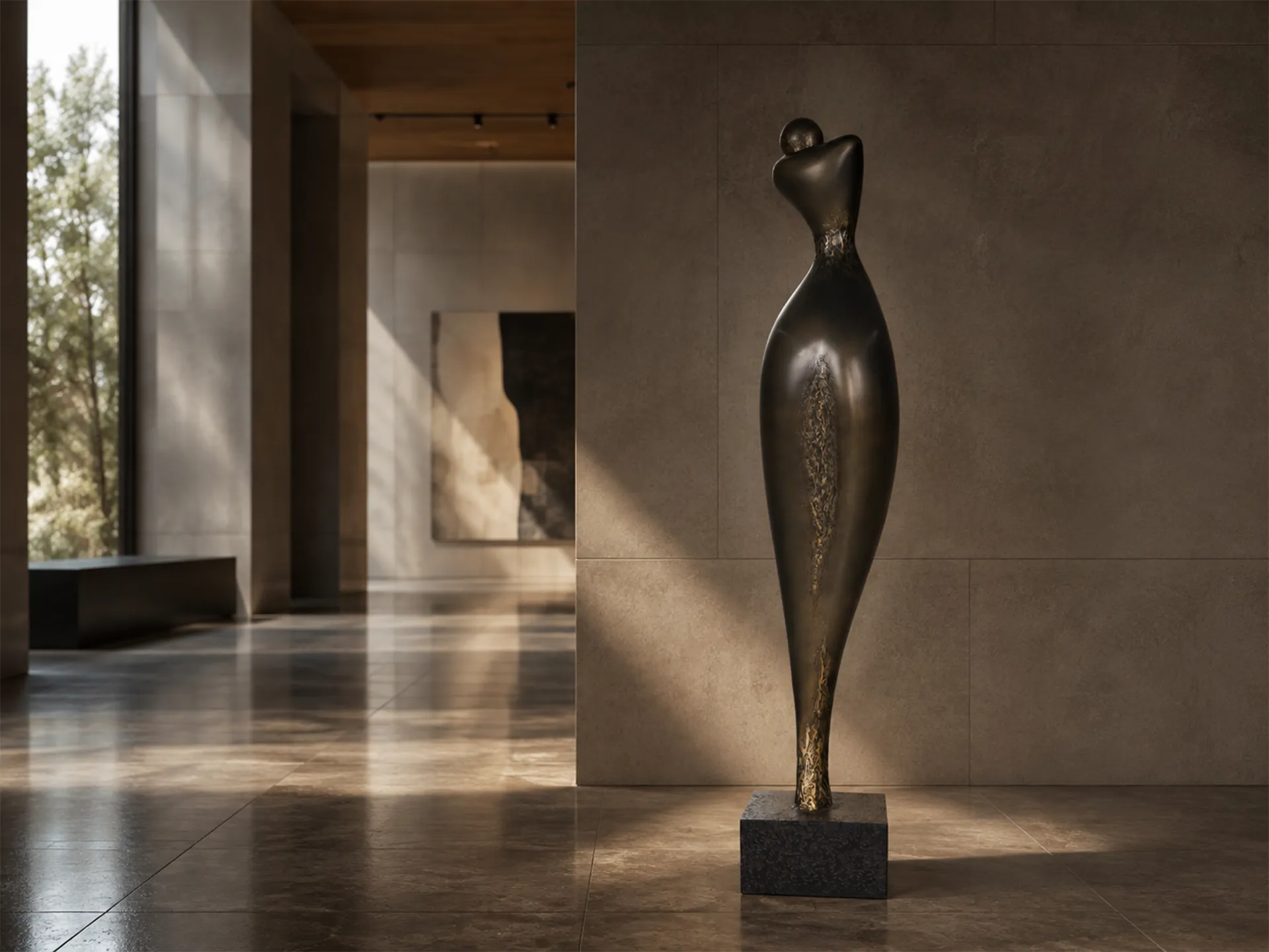 Modern entrance hall with a Gémea sculpture in textured bronze finish