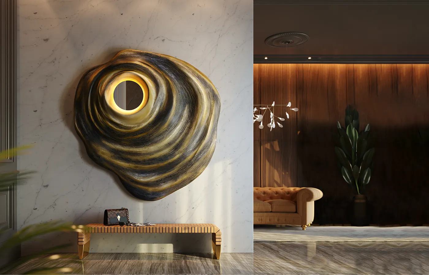 Hallway with Horus wall panel in aged textured gold finish