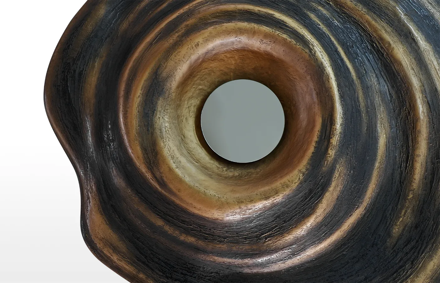 Close-up view of the Horus wall panel in aged textured gold finish and bronze mirror