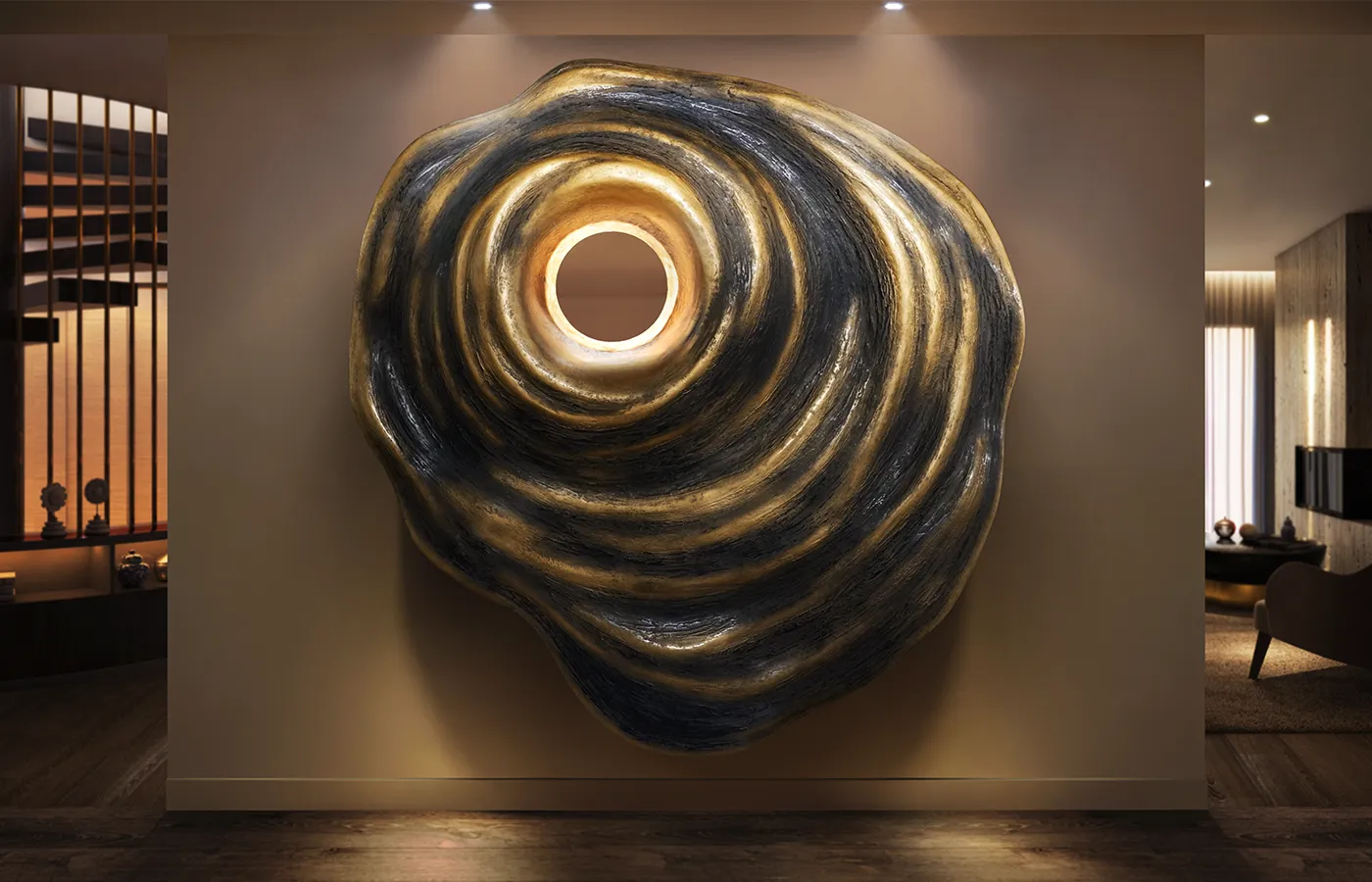 Hall de entrada com painel de parede Horus em acabamento ouro texturado envelhecido