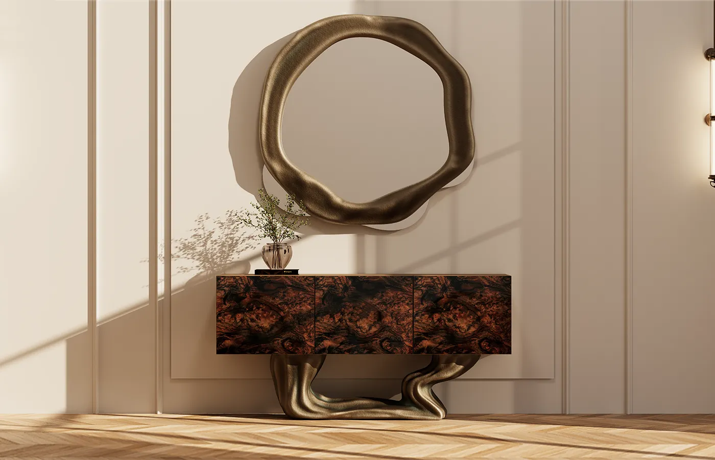 Hall com aparador Hyperion com caixa em raiz de nogueira alto brilho e base em cor latão e espelho Twisted