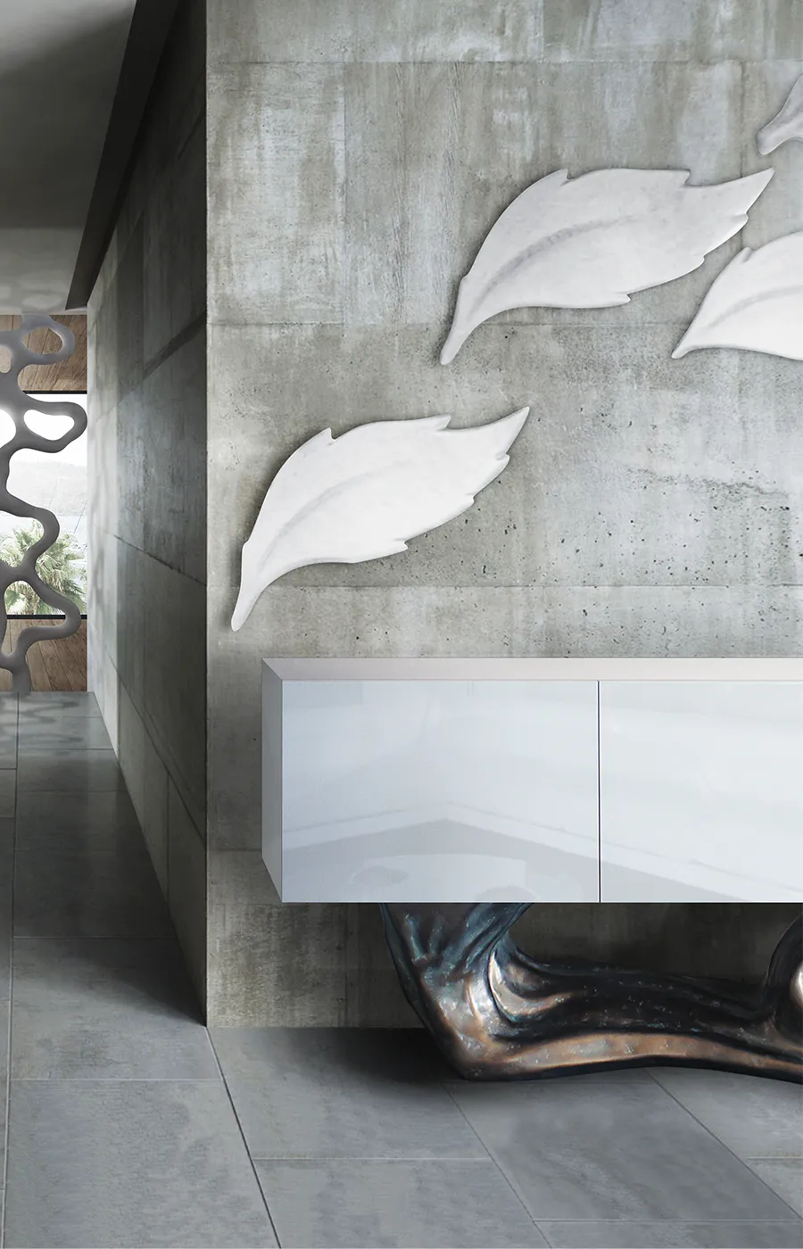 Hall de corredor com aparador Hyperion com caixa em branco alto brilho e base em cor latão