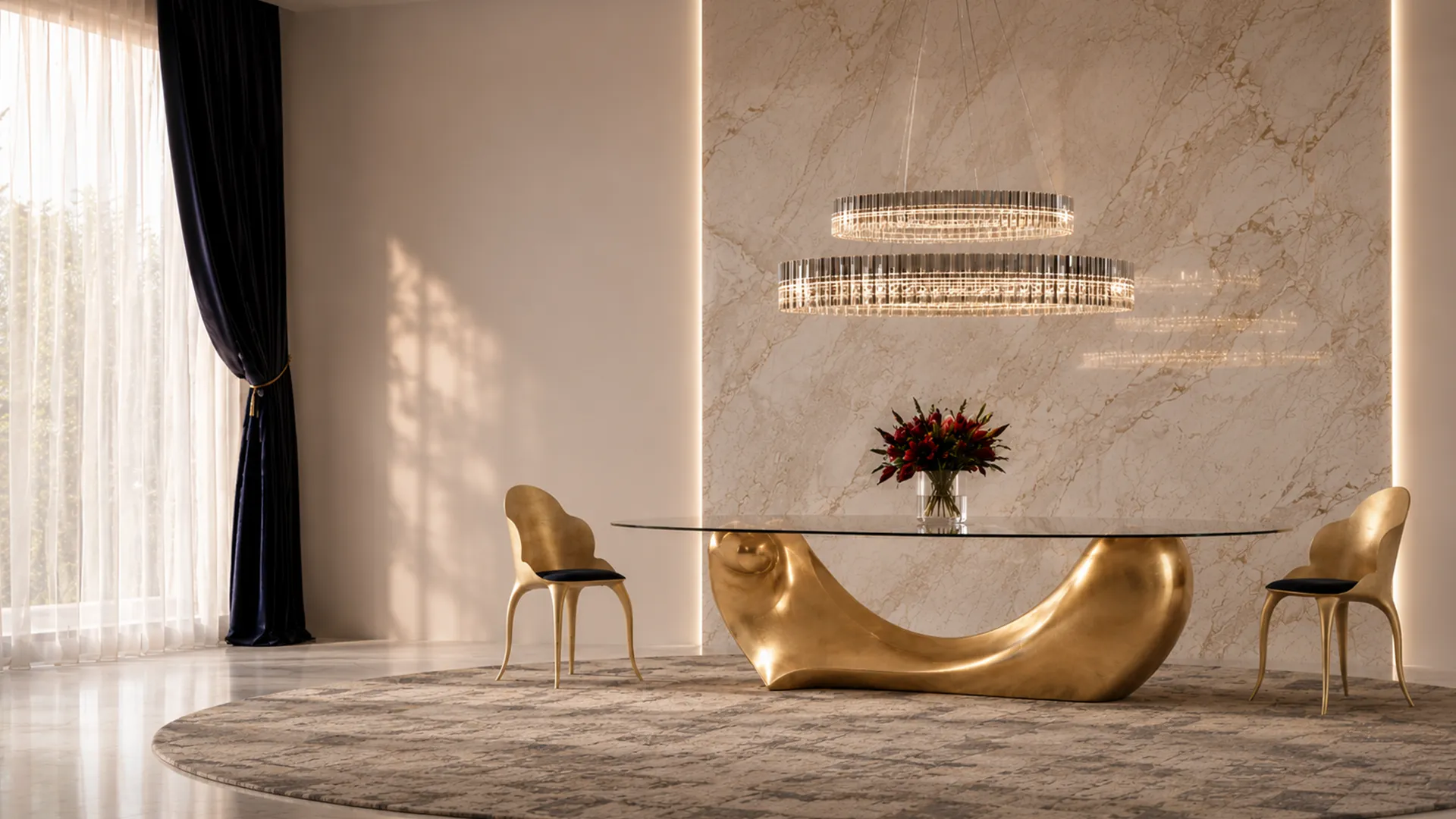 Modern dining room setting with Invicta dining table in gold leaf and bronze glass top with Luna chairs