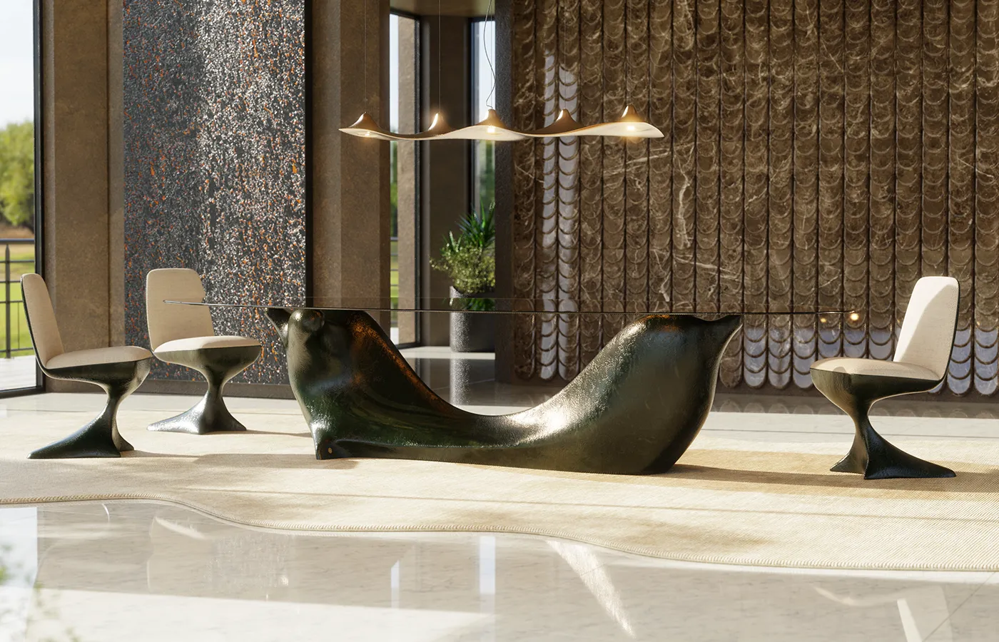 Modern dining room setting with Invicta dining table in textured green with Alyna chairs and Amplus lamp
