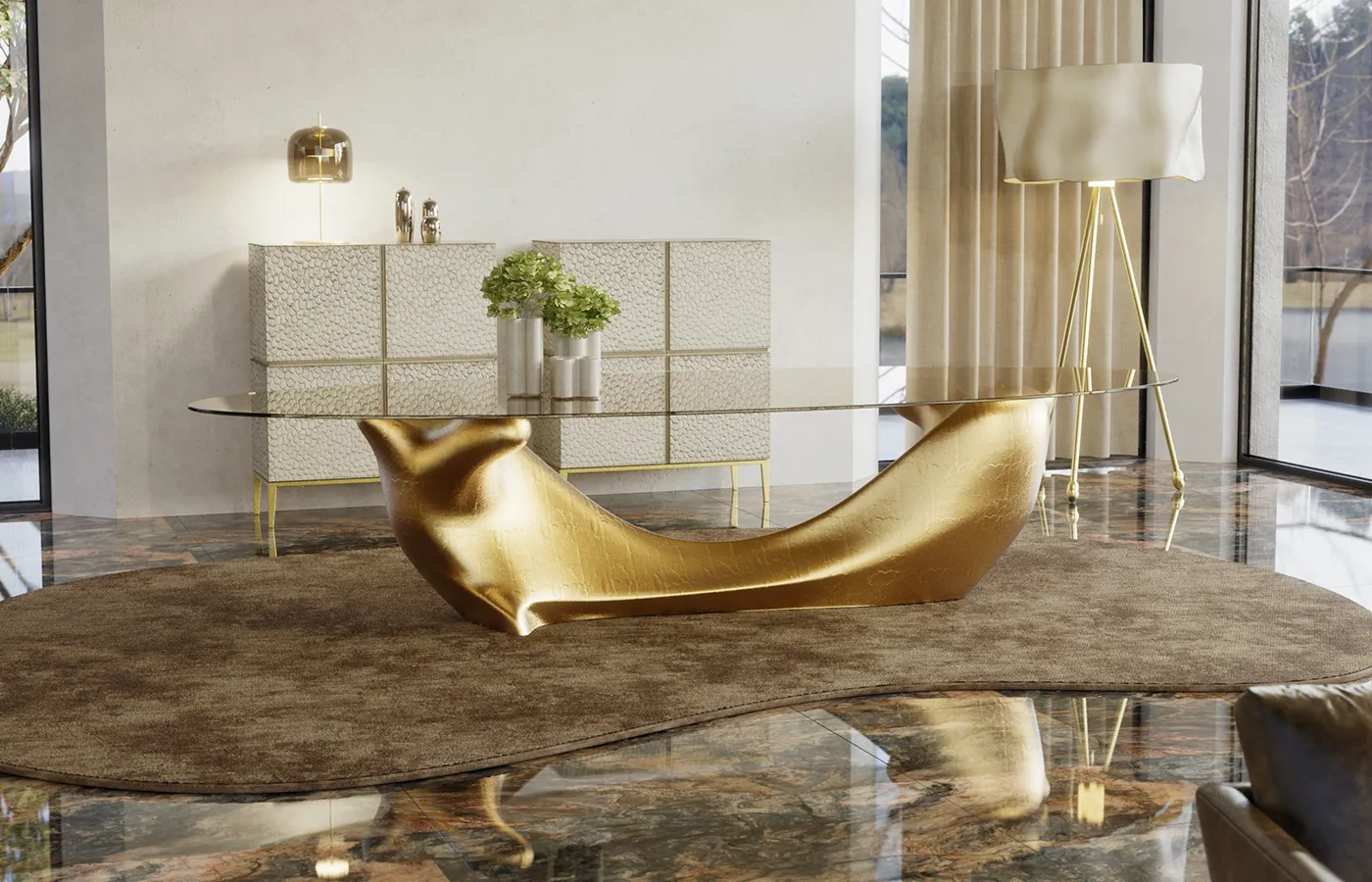 Modern dining room setting with gold leaf Invicta dining table with Monarch counters and Ruby lamp