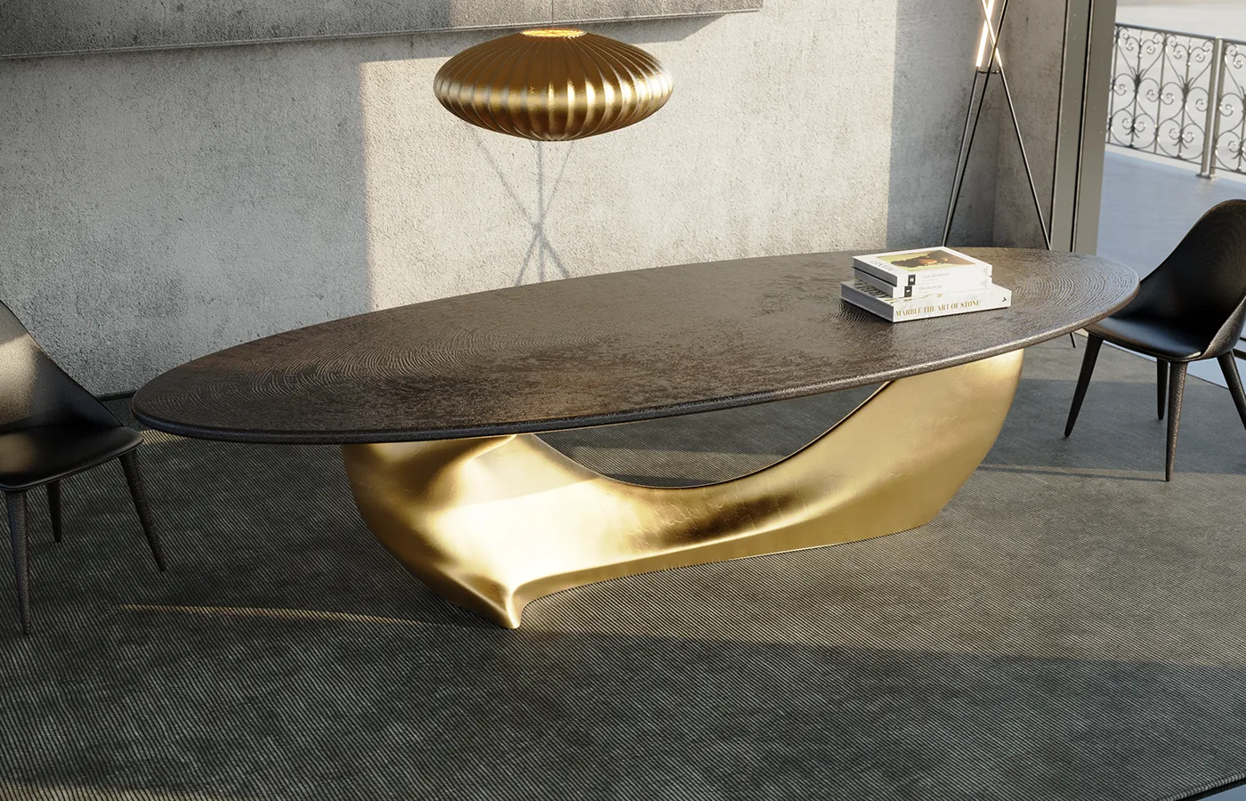 Modern dining room setting with Invicta dining table in gold leaf and spiral texture top with Monaco chairs
