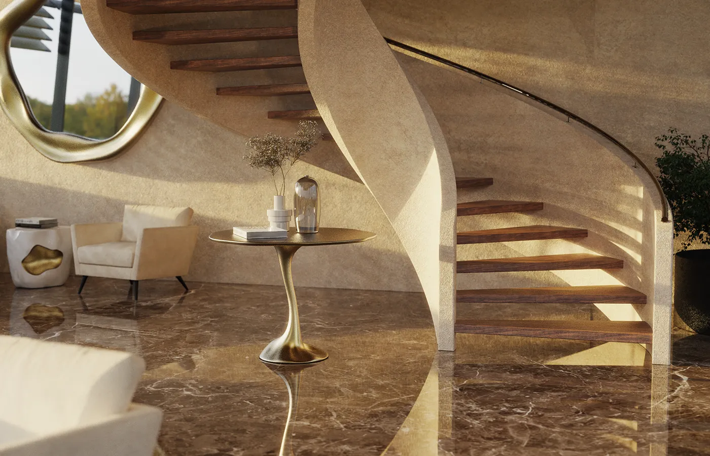 Modern staircase hall with Ivy dining table in aged gold