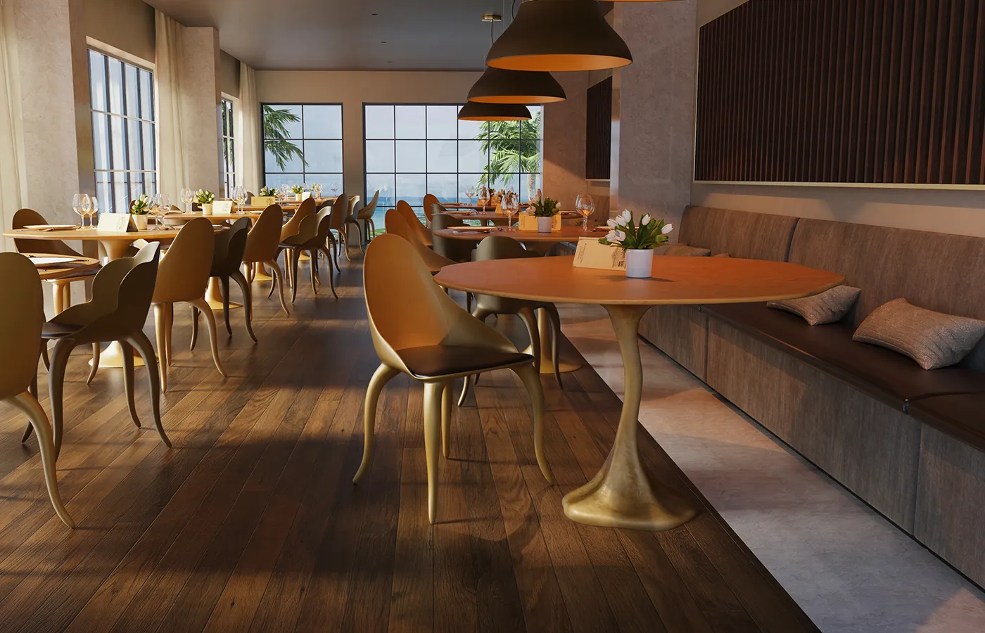 Restaurant setting with several Ivy dining tables in aged gold with Daisy and Luna chairs