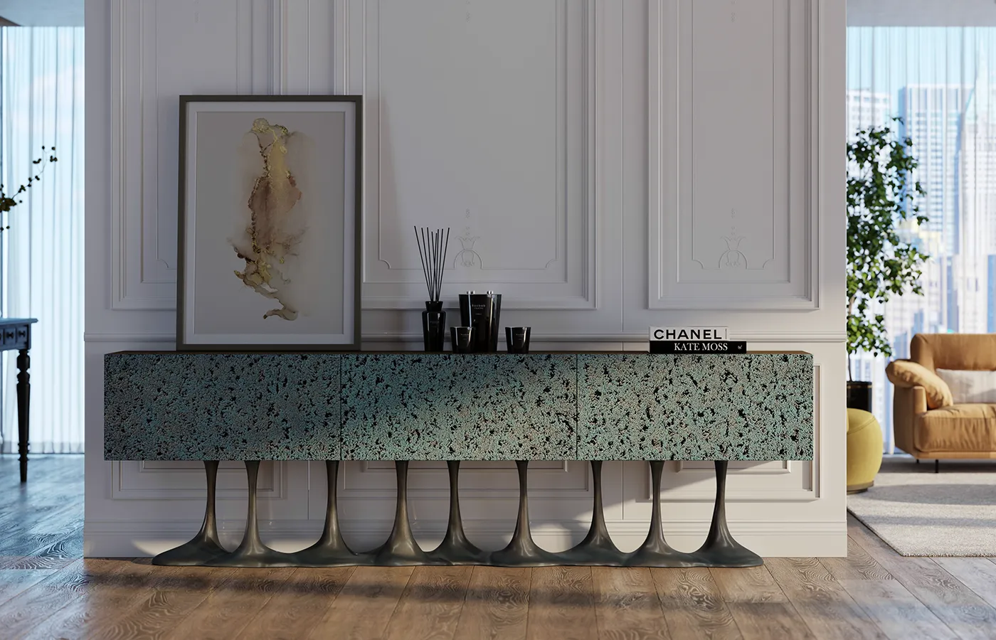 Hall de entrada com aparador Janus em acabamento verde texturado e base em cor latão