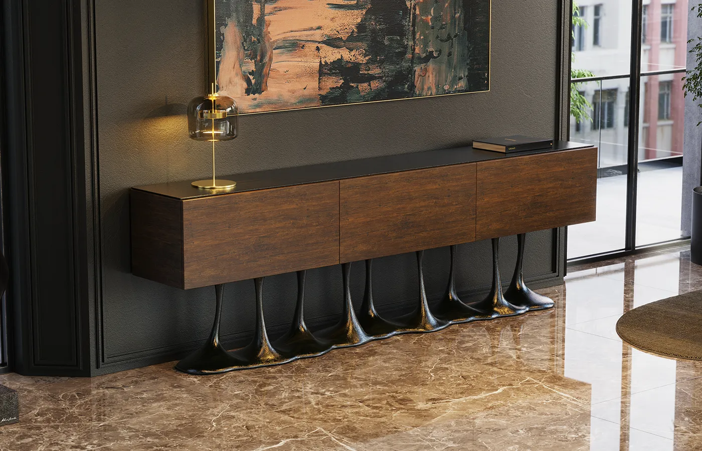 Sala de estar com aparador Janus com caixa folheada a nogueira e base em cor latão