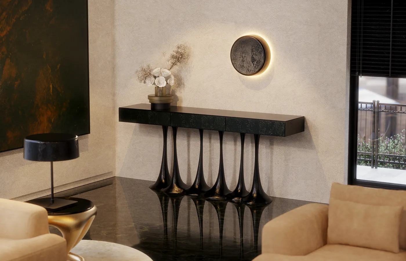 Hall de entrada com consola Janus com base em cor bronze e caixa em textura ardósia