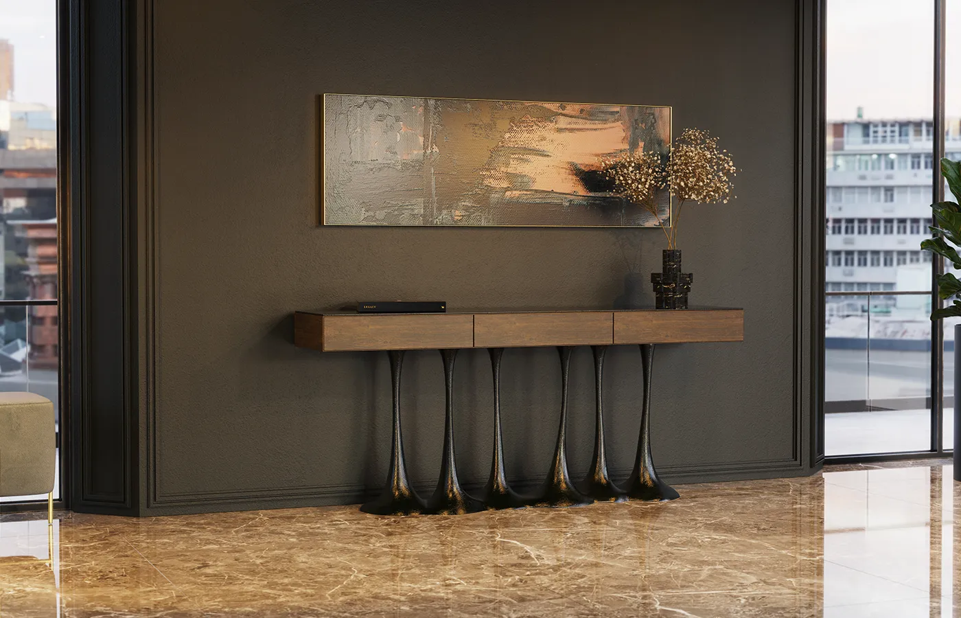 Hall com consola Janus com base em cor latão e caixa folheada a nogueira