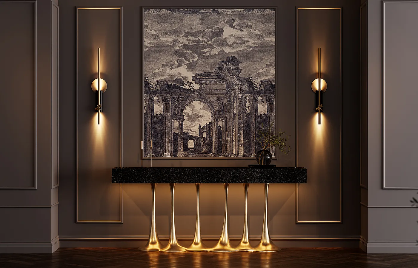 Hall de corredor com consola Janus com base em folha de ouro e caixa em preto texturado