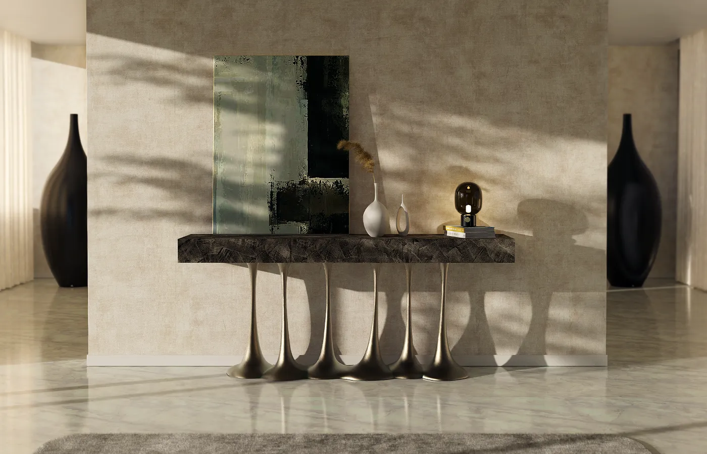 Hall de entrada com consola Janus com base em cor latão e caixa em cor prata envelhecida e texturada