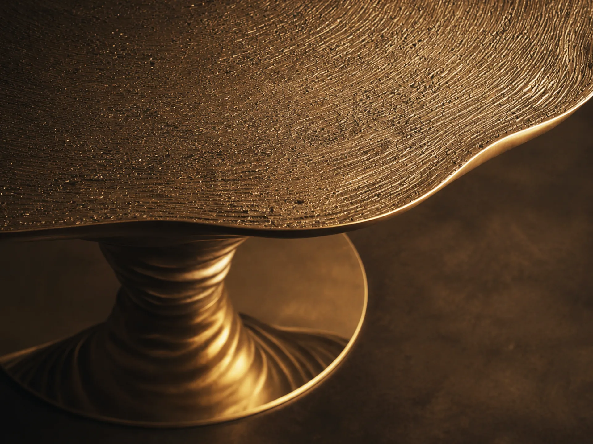 Detailed view of the Kenya dining table top with its gold leaf texture and sculptural base