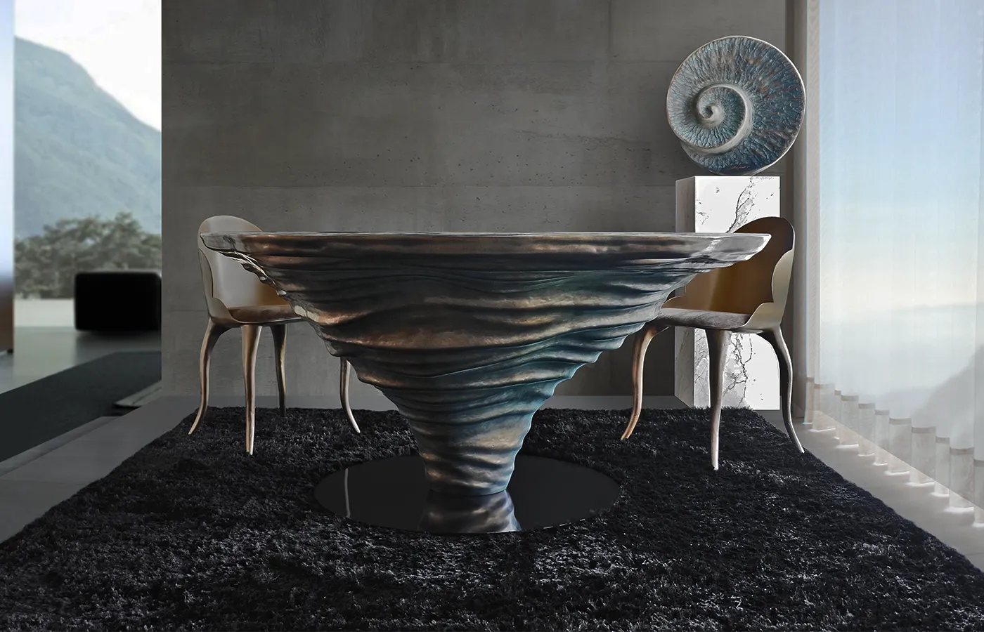 Modern dining room with Kenya dining table in brass color and ice jade marble top