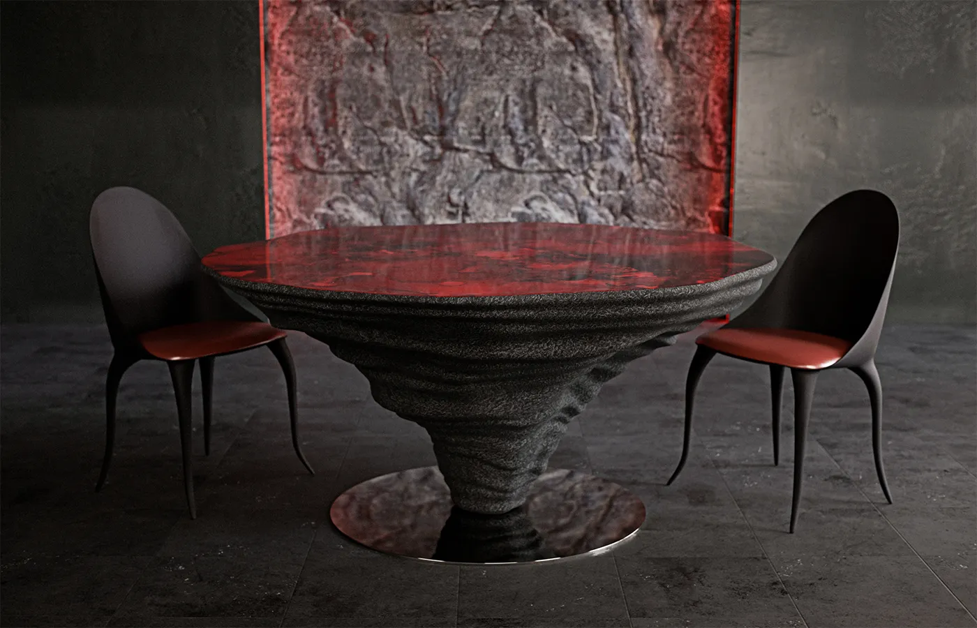 Low-light dining environment with textured Kenya dining table and reddish artistic finish top