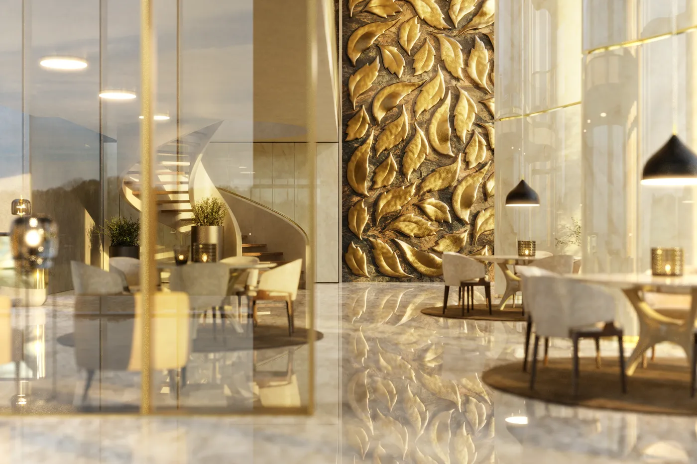 Hotel dining room with large panel featuring dozens of gold leaf Leaves