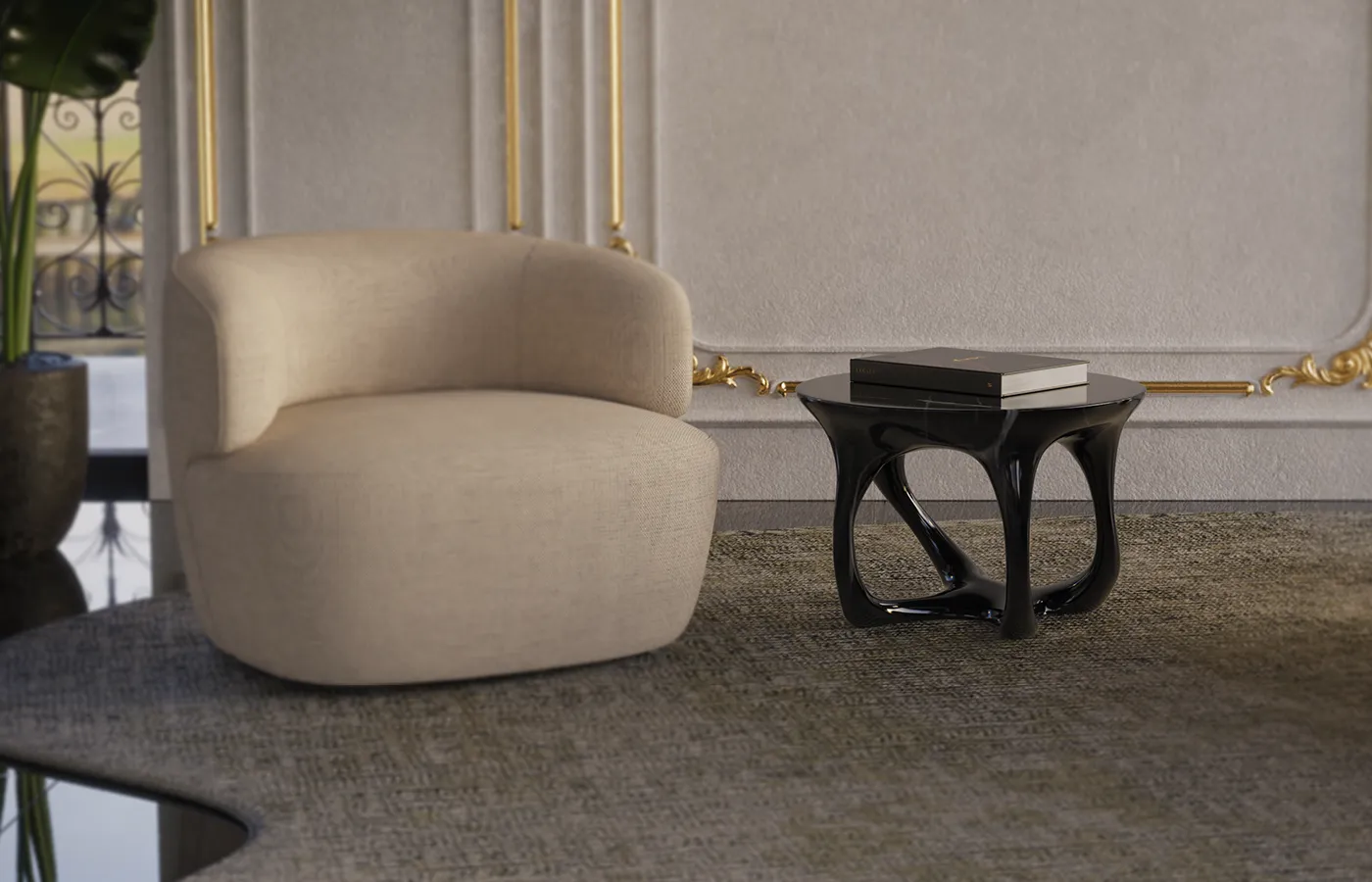 Ambiente de estar com mesa de apoio Libera em pintura marmorizada em preto e branco alto brilho junto a cadeirão