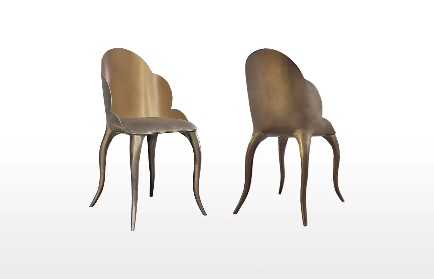 Luna chair in brass finish and velvety brown fabric upholstery