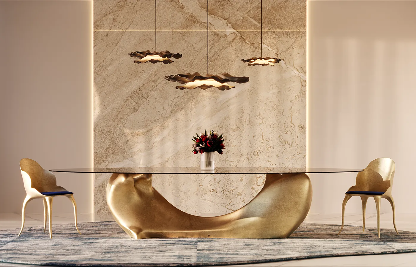 Ambiente de jantar com cadeiras Luna e mesa de jantar Invicta em dourado