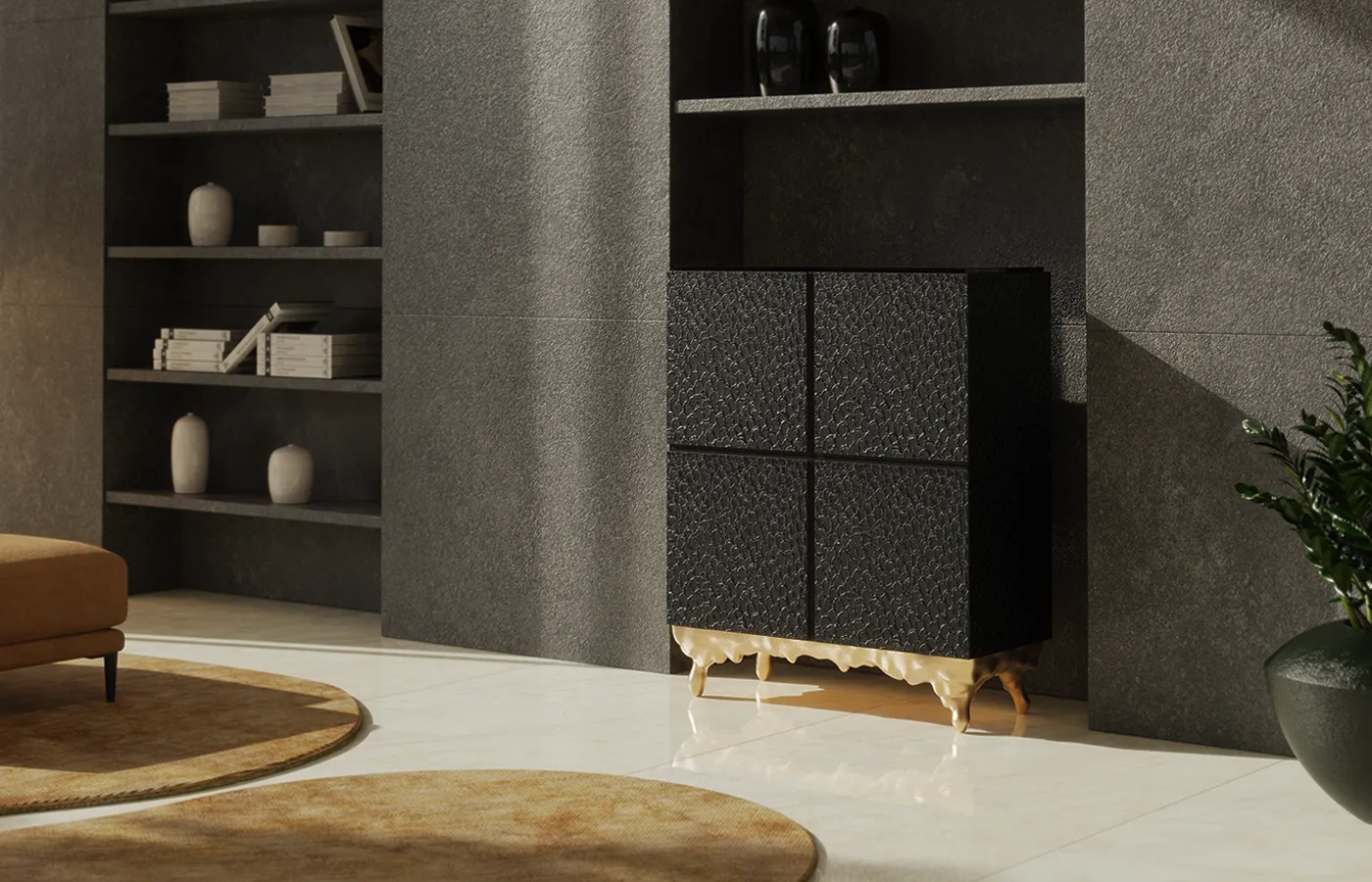 Sala de estar com contador Monarch em preto com textura Chisel e base em folha de ouro