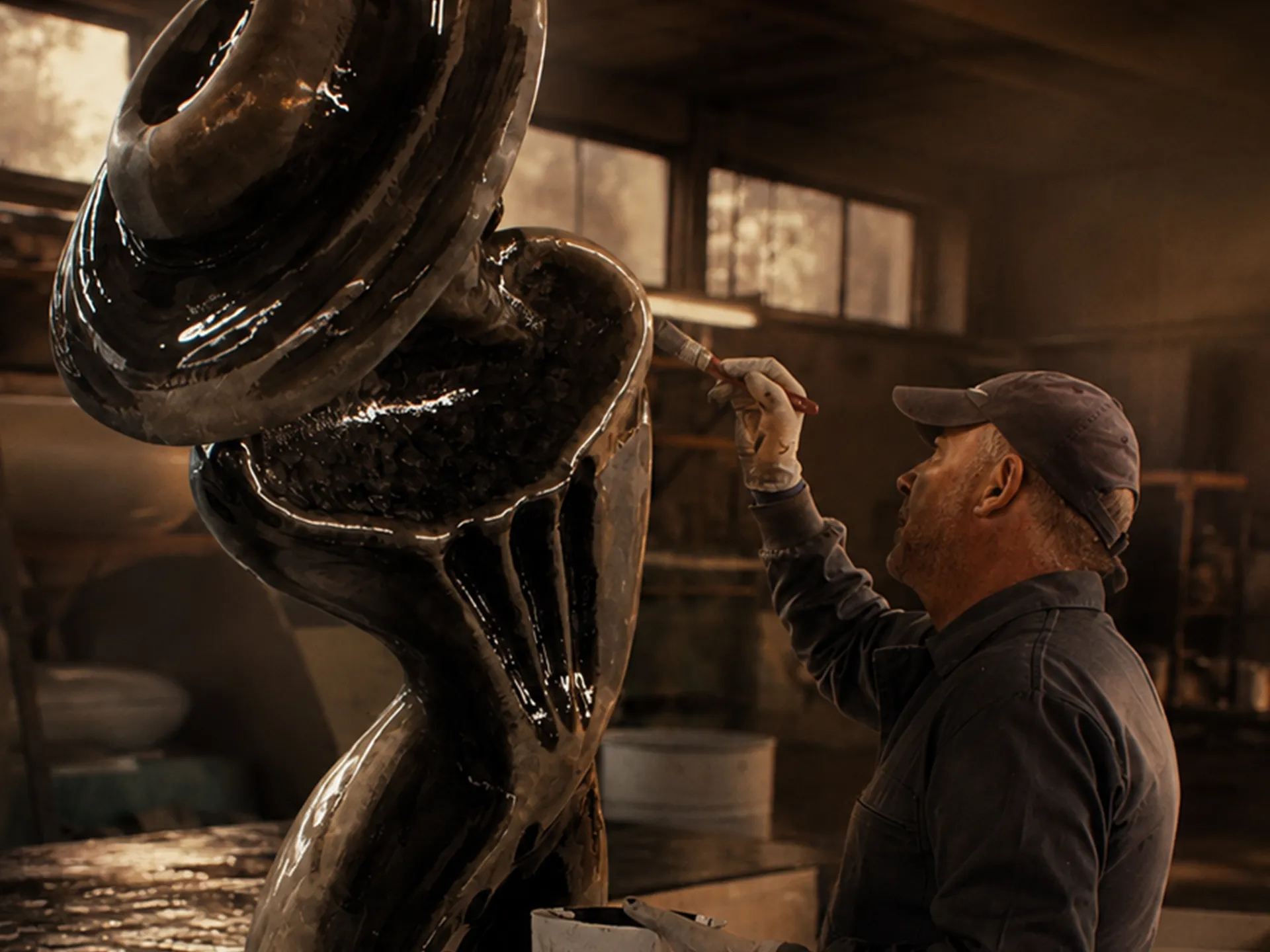 Artist Albino Miranda in the process of painting his sculpture Musa