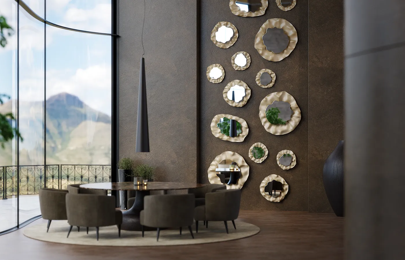 Large restaurant room with a set of several Nenúfar mirrors in ivory finish