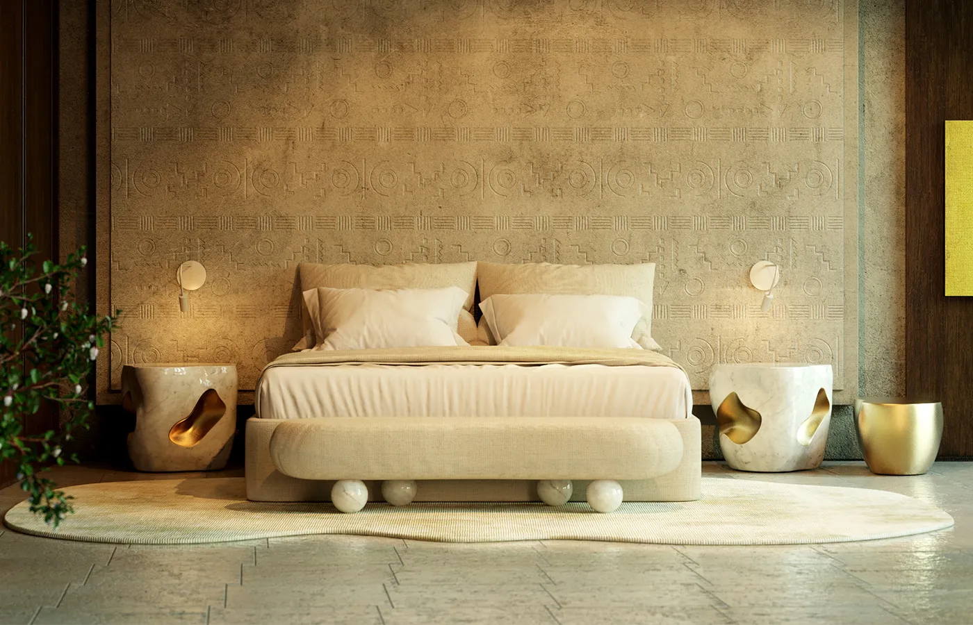 Bedroom setting with two Oasis side tables in white and gray marbled finish with bed in the center