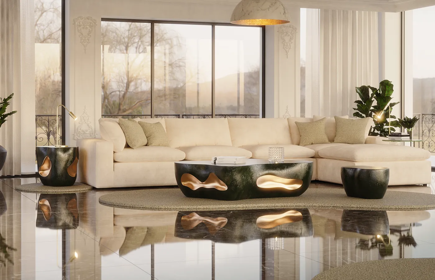 Living room setting with Oasis table set in textured green finish and gold leaf details
