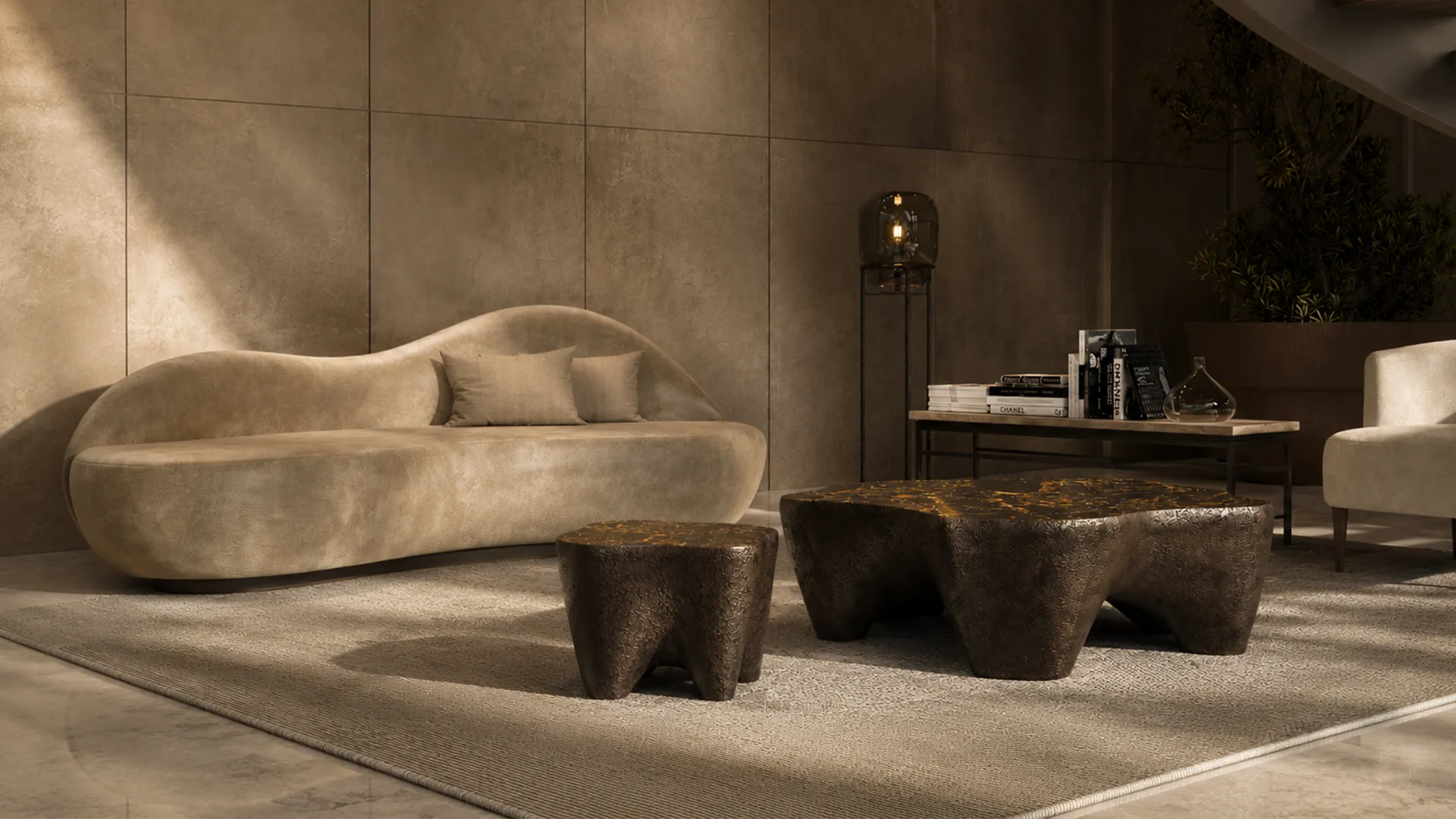 Living room ambiance featuring Odyssey coffee and side tables with body in volcanic texture and top in portoro brecciato marble