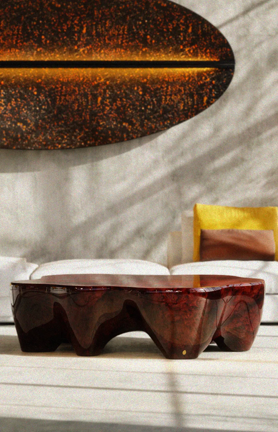 Living room setting with Odyssey coffee table in high-gloss red opal artistic finish