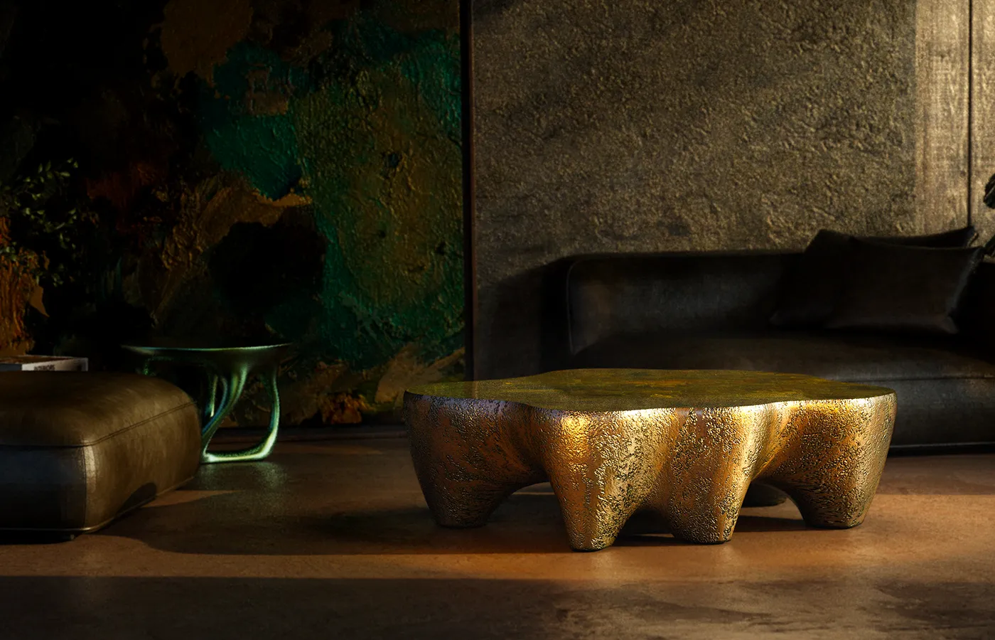 Living room setting with Odyssey coffee table in textured gold