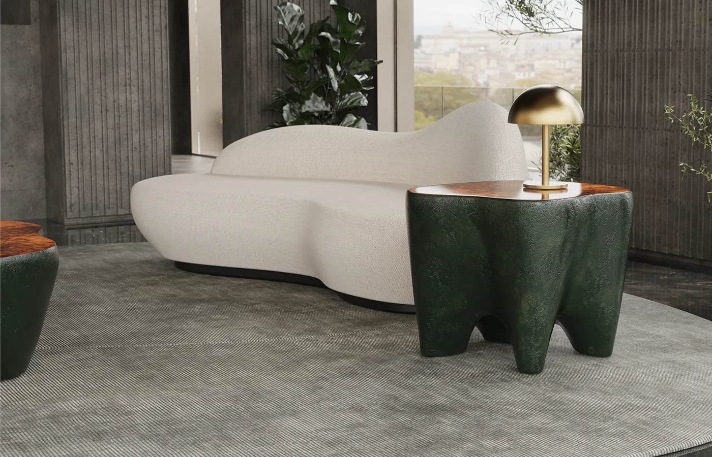 Living room setting with Odyssey side table in textured green with Nuance sofa