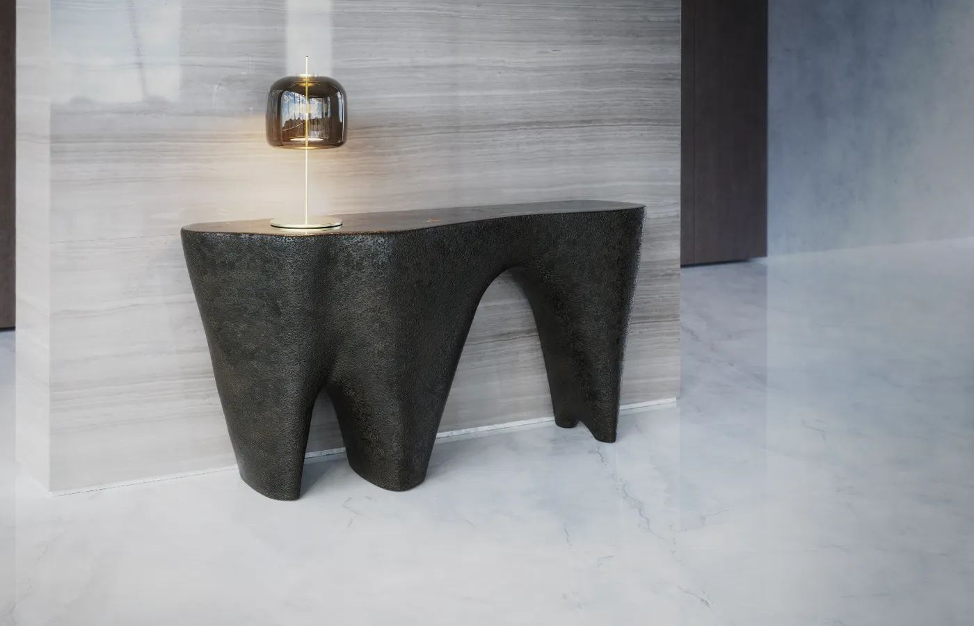 Hall de entrada com consola Odyssey em textura vulcânica e tampo em mármore portoro brecciato