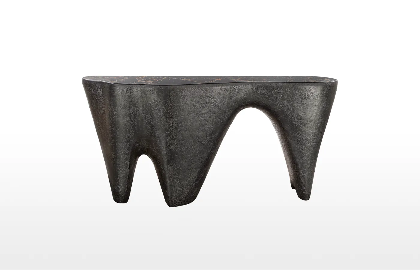 Odyssey console table in volcanic texture with portoro brecciato marble top