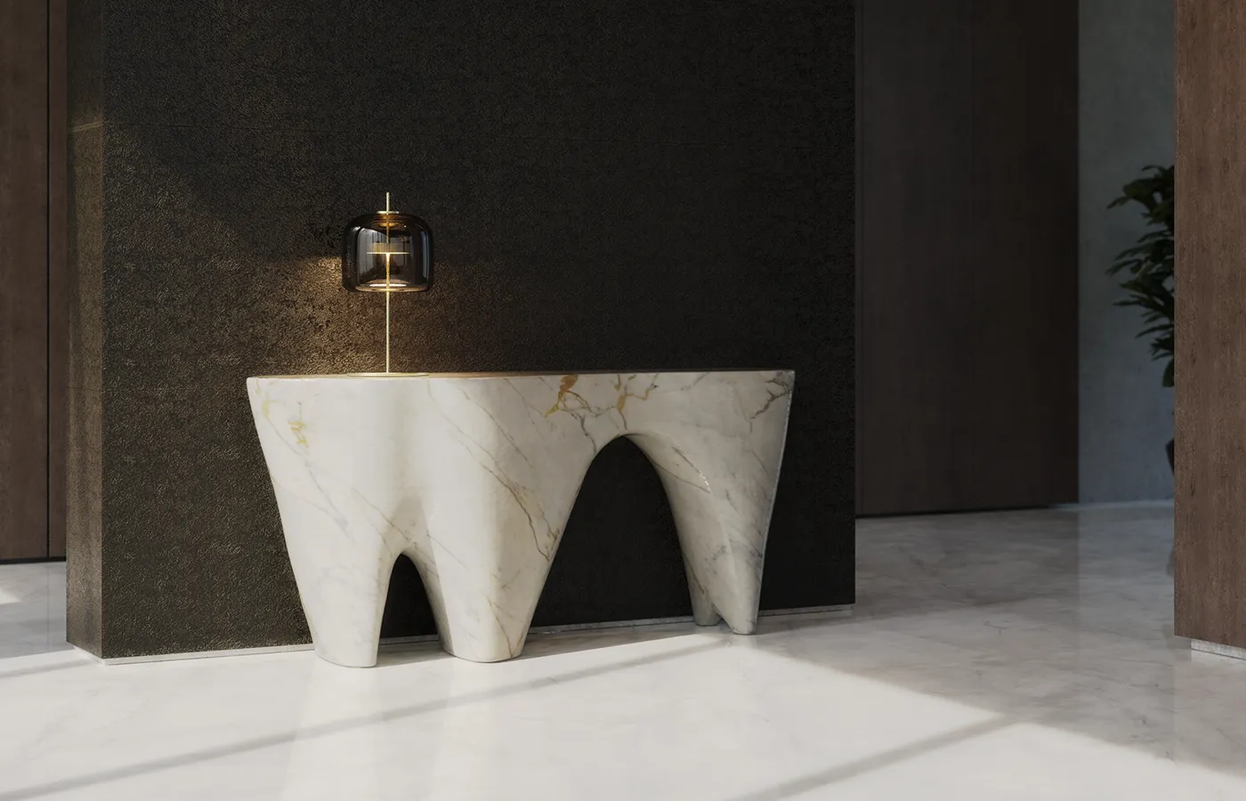 Hall de entrada com consola Odyssey em acabamento marmorizado carrara