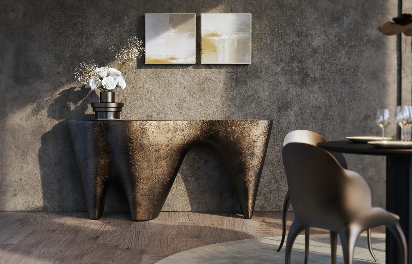 Ambiente de sala de estar com consola Odyssey em textura vulcânica