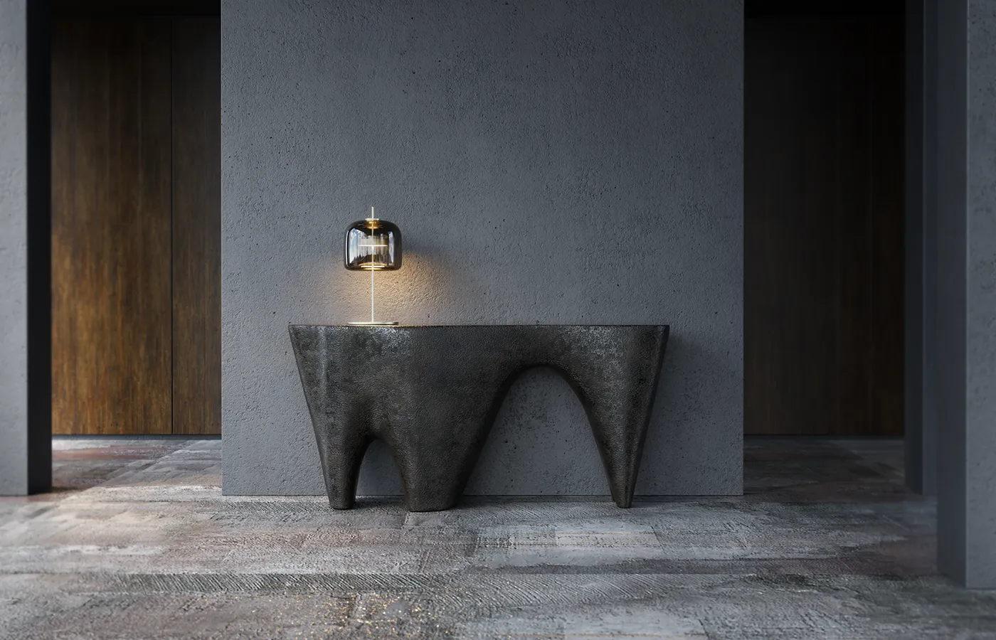 Hall de corredor com consola Odyssey em textura vulcânica