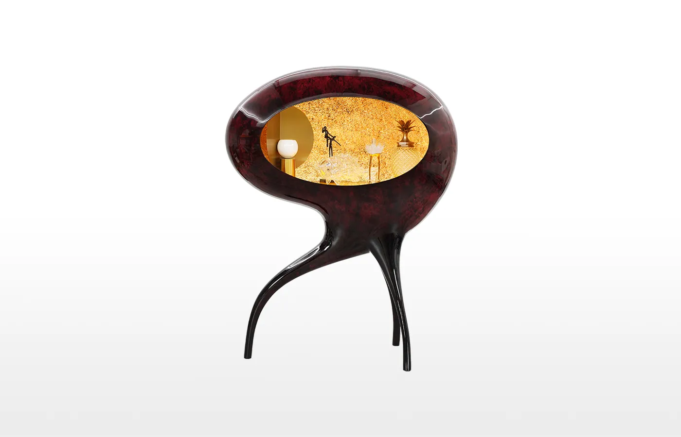 Vitrina de bar Oracle em acabamento opal vermelho e interior em folha de ouro texturada