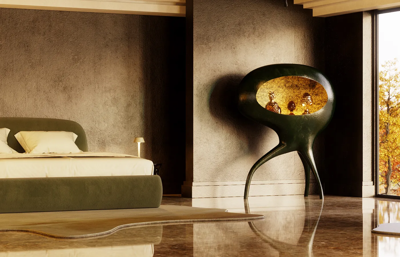 Ambiente de quarto com vitrina de bar Oracle em acabamento verde texturado com interior em folha de ouro texturada