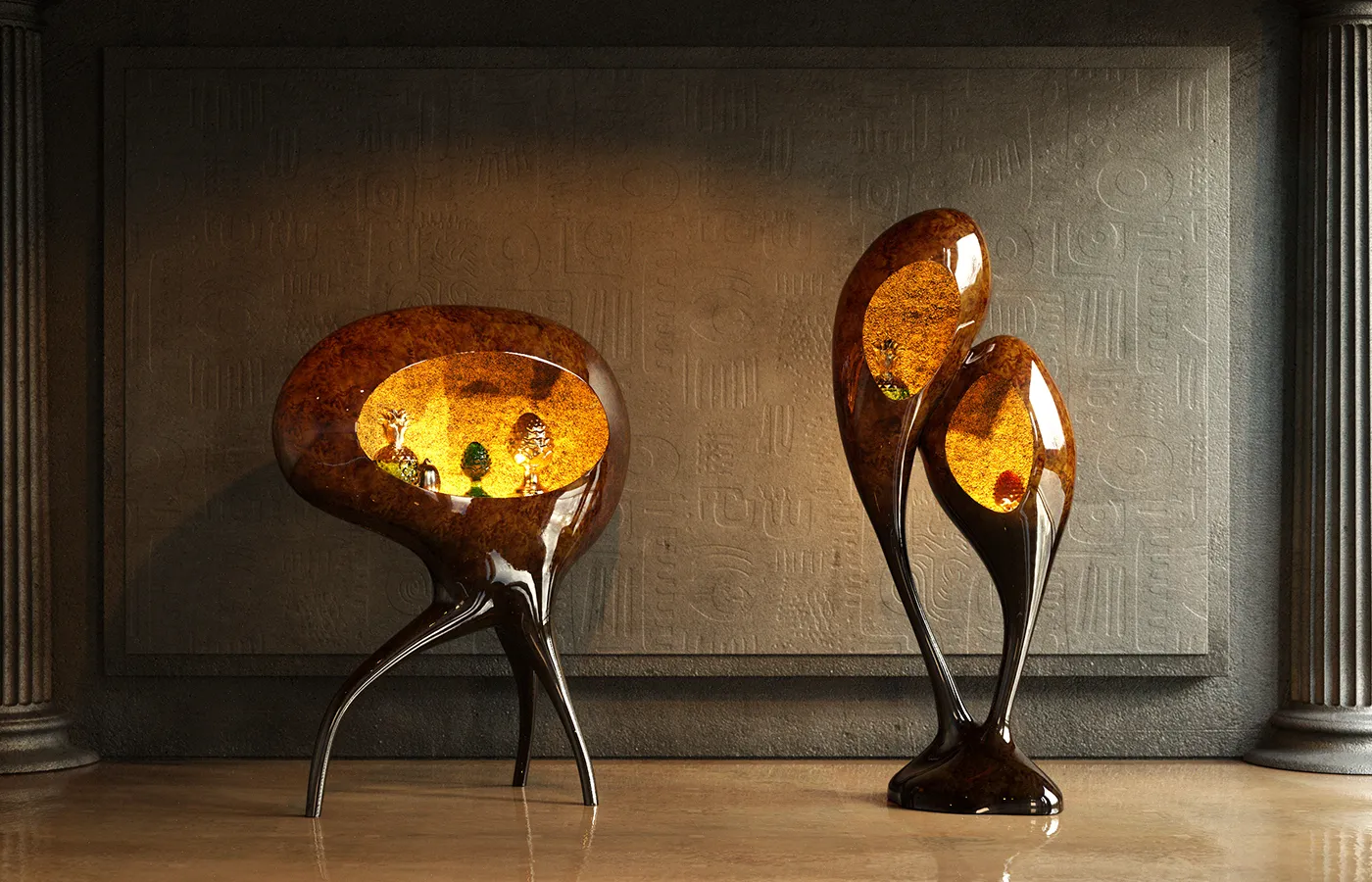 Hallway with Oracle and Origin bar display cabinets in brown opal finish with textured gold leaf interior