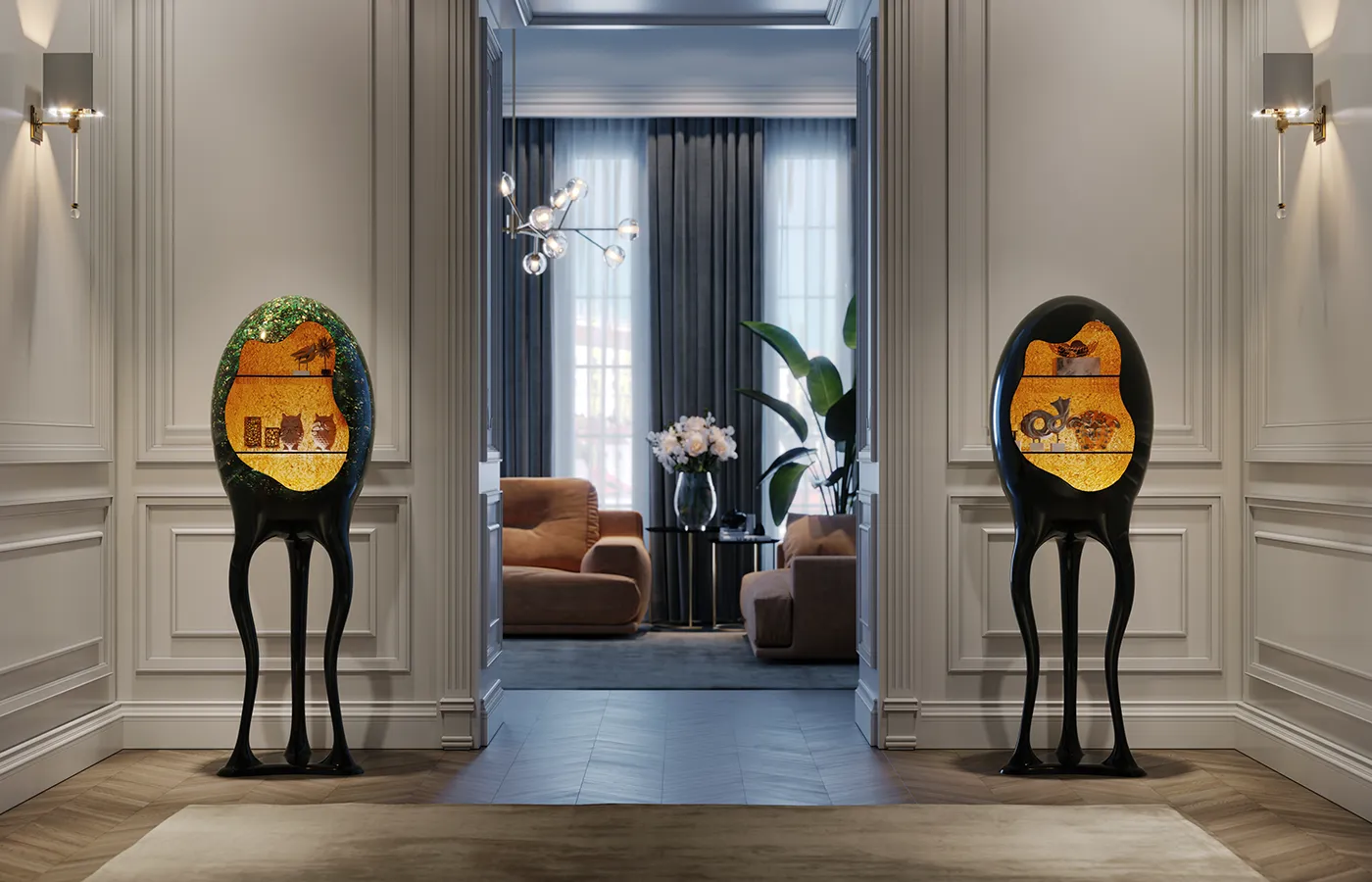 Hallway with two Orion display cabinets in artistic opal green and high-gloss black paint