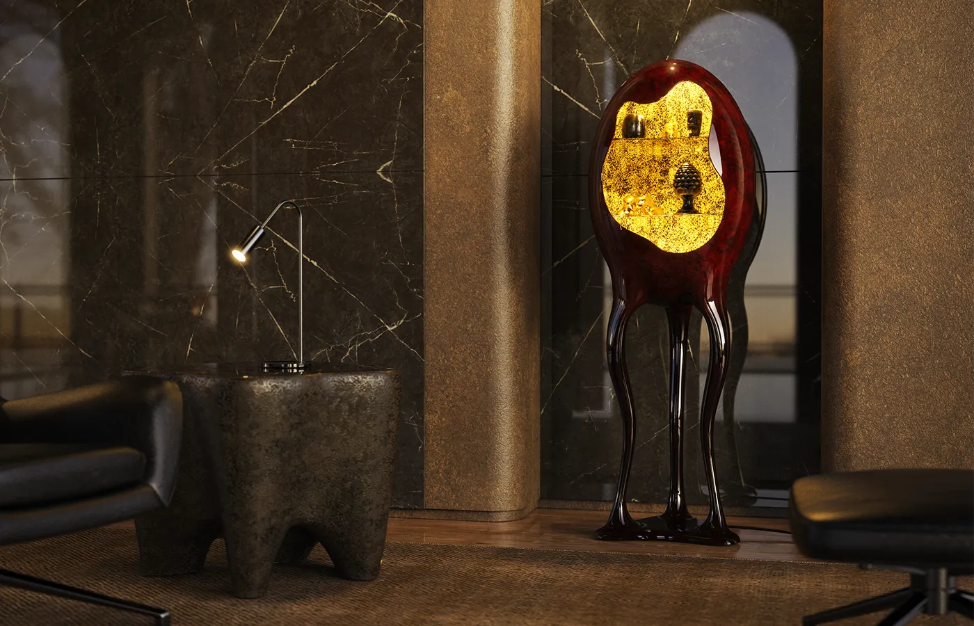 Entrance hall with Orion display cabinet in artistic opal red paint and textured gold leaf interior