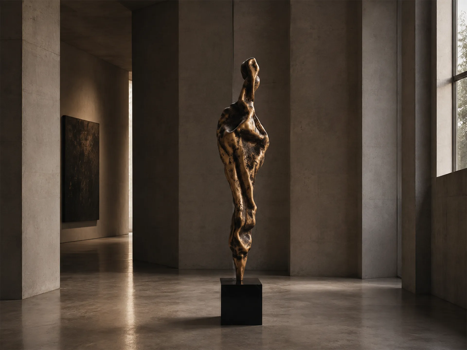 Interior de um museu moderno com iluminação acolhedora e uma escultura Oscar em cor dourada envelhecida